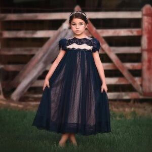 Trish Skully Navy Lace Adriana Empire-Waist Special Ocassion Dress Girls Sz 6